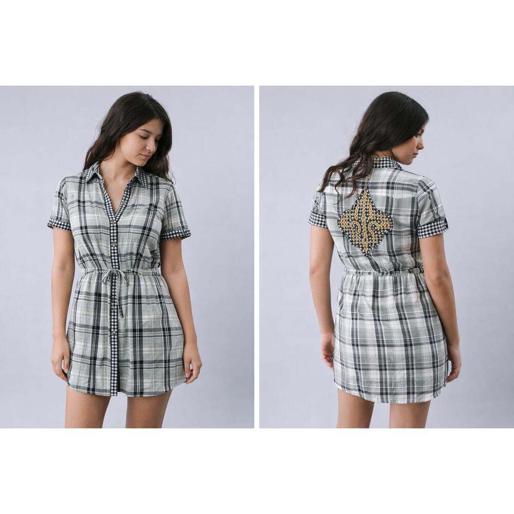 House of Deréon Plaid Shirt Dress Embellished Fleur de Lis Back Y2K Size XL